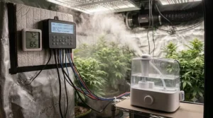 A digital humidity controller connected to a fogger for precise tent climate control.