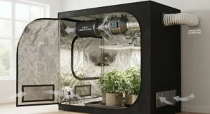 Grow tent ventilation setup highlighting proper active exhaust and passive air intake placement.
