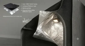 A close-up illustration of reflective mylar interior walls highlighted in a grow tent buying guide.