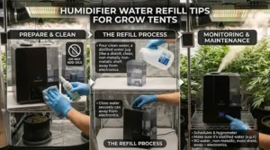 Simple graphic illustrating the step-by-step process of refilling a cool mist humidifier in a grow tent.