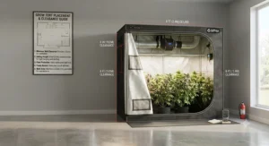 An illustration demonstrating ideal room placement and clearance space from a grow tent buying guide.