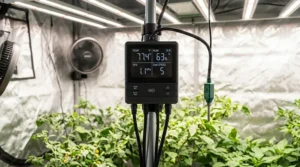 Close-up of a digital thermostat and environmental controller mounted inside a climate control grow tent.