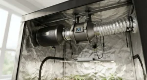 Close-up of an inline exhaust fan and carbon filter mounted near the top of a indoor grow tent.