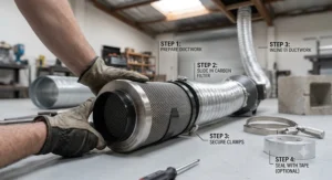 Step-by-step guide showing how to connect a 6-inch carbon filter to standard ventilation ductwork