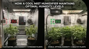 Infographic demonstrating how a cool mist humidifier keeps consistent humidity levels in a grow tent.