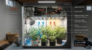 Diagram showing the airflow pattern of intake and exhaust fans inside a climate control grow tent.