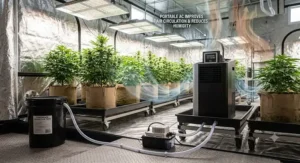 Portable AC for grow tent improving air circulation and reducing humidity for healthy plants.
