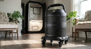 A modern, portable grow tent air purifier designed for easy movement between indoor garden tents.