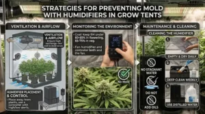 Diagram showing proper ventilation and cool mist humidifier use to prevent mold in a grow tent.