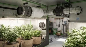 A quiet and effective 6-inch carbon filter system operating in an indoor gardening space