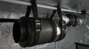 Using heavy-duty straps to hang an activated carbon filter from the top frame of a grow tent