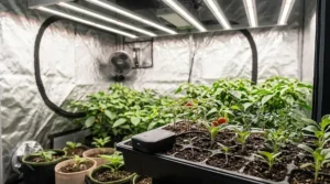 A wireless humidity sensor placed among vegetable seedlings inside a climate control grow tent for precise monitoring.