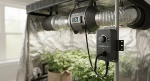 Variable speed controller plugged into an inline fan to regulate airflow and noise levels in a grow room.