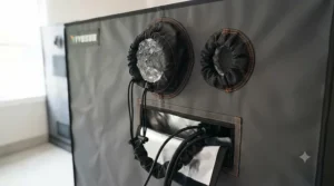 Double-cinched ventilation ports and electrical access points on a Vivosun grow tent.