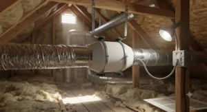 A 4-inch inline booster fan for bathroom exhaust connected securely to flexible aluminum ducting in a ceiling crawlspace.