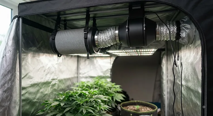 Complete 4 inch inline fan and carbon filter kit installed in a home grow tent for ventilation