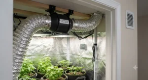 A properly ducted 4 inch inline fan exhausting air from a closet grow setup