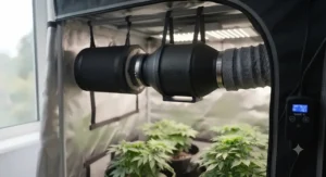 A 4-inch inline fan connected to a carbon filter inside a 2x2 grow tent to eliminate odors and manage airflow.