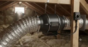 Flexible ventilation duct securely clamped to a 4 inch inline fan with speed controller in an attic ventilation setup.