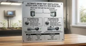 Summary infographic helping growers choose between a 4-inch or 6-inch inline fan for a small tent.