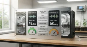 Infographic illustrating noise levels and decibels for 4-inch versus 6-inch inline fans in a small tent.