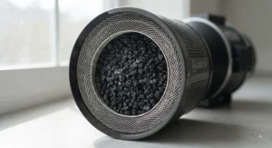 Detailed view of the Australian virgin charcoal mesh on the odor scrubber inside an inline fan with carbon filter combo kit.