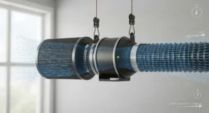 Diagram showing the proper airflow path being pulled through the carbon filter and pushed out by the inline fan.