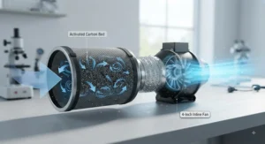 Conceptual illustration showing air flow through a 4 inch inline fan and carbon filter kit