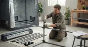 Gardener assembling the metal frame of a new grow tent for vegetables indoors.