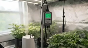 Plug-in digital humidity controller wired to a humidifier for automated indoor climate regulation.