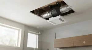 Modern apartment bathroom ceiling vent upgraded with a whisper-quiet 4-inch inline duct fan for superior airflow.