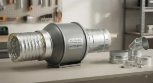 A high-efficiency inline duct booster fan unit displayed next to standard HVAC ductwork components.