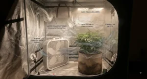 Diagram demonstrating restricted airflow when using a box fan for ventilation in a small grow tent.