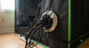 Sealed double-cinching cable ports maintaining negative pressure in a quiet grow tent setup.