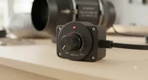 Close-up view of the variable speed controller dial connected to a 4 inch inline fan for precise airflow adjustment.