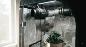 Compact and silent inline duct fan installed inside a small grow tent suitable for bedroom environments.