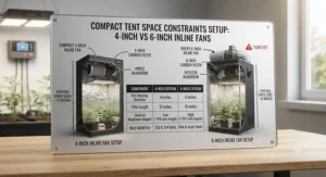 Illustration demonstrating physical space constraints when installing a 4-inch vs 6-inch inline fan in a small tent.