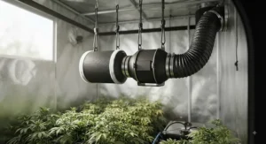 A fully assembled inline fan with carbon filter combo kit mounted inside a hydroponic grow room ventilation system.