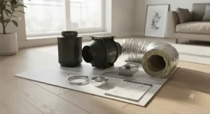Complete ventilation kit featuring the quietest 4-inch inline duct fan, carbon filter, and acoustic ducting for apartment use.
