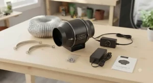 Unboxed components of a 4 inch inline fan with speed controller including mounting brackets and power cords.