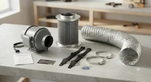 All components of an inline duct fan and carbon filter kit laid out on a table including ducting and clamps
