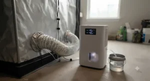 Compact compressor dehumidifier positioned outside a ventilation duct to lower grow tent humidity.