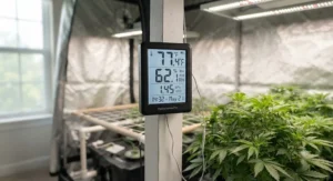 Digital thermo-hygrometer monitor displaying temperature and humidity levels inside a hydroponic grow room.