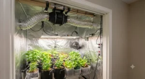 A complete DIY closet grow setup featuring a 4 inch inline fan and ductwork