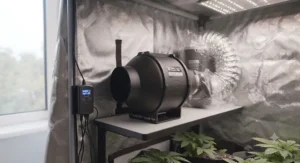 A durable 4-inch inline fan unit ready for mounting in a 2x2 hydroponic grow tent.
