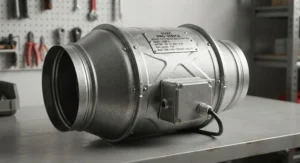 A robust metal housing of an inline duct booster fan showing quality construction for long-term HVAC use.