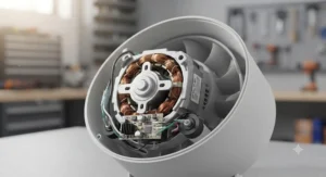 Detailed view of the energy-efficient motor inside a modern 4-inch inline booster fan for bathroom exhaust.