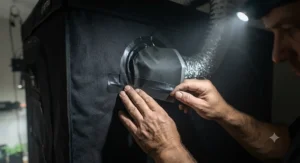 Using heavy-duty black repair tape for fixing grow tent light leaks around a ventilation exhaust hole.
