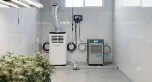 Portable air conditioner and dehumidifier setup for controlling environment in a large grow room.