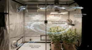 An illustration showing optimal air circulation patterns in a grow tent using an inline fan and carbon filter.